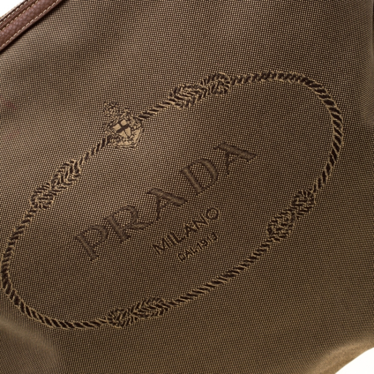 Pre Owned Prada Brown Canvas and leather  Jacquard Logo Hobo