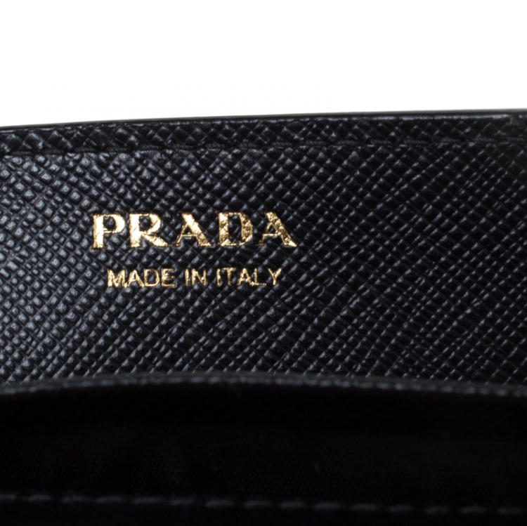 Pre Owned Prada Black Saffiano Lux Leather Metal Flap Wallet On Chain