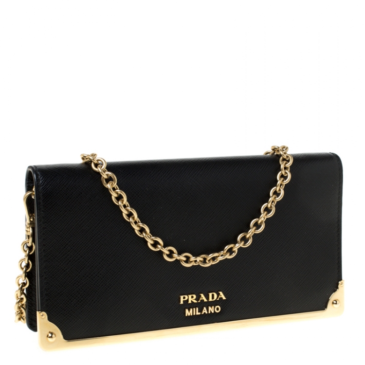Pre Owned Prada Black Saffiano Lux Leather Metal Flap Wallet On Chain