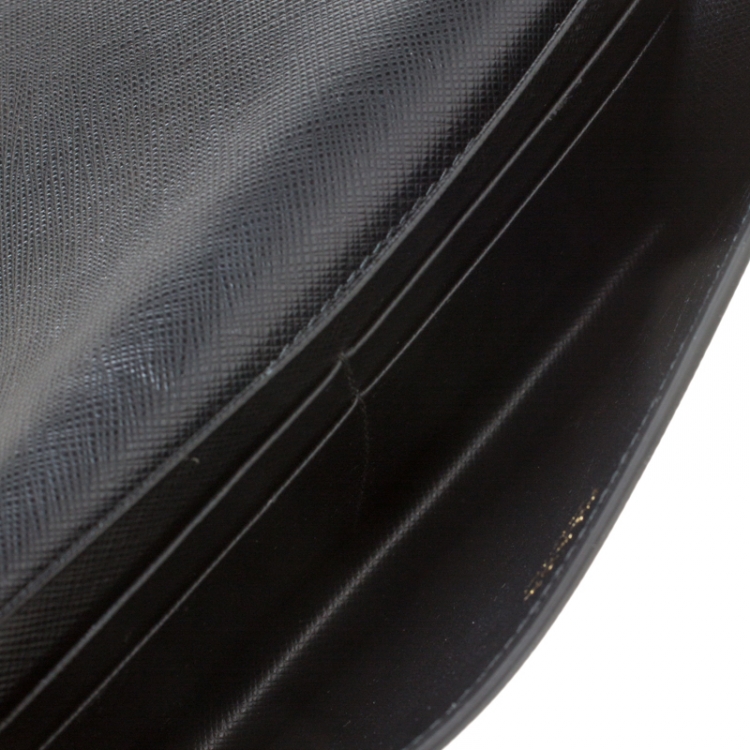 Pre Owned Prada Black Saffiano Lux Leather Metal Flap Wallet On Chain