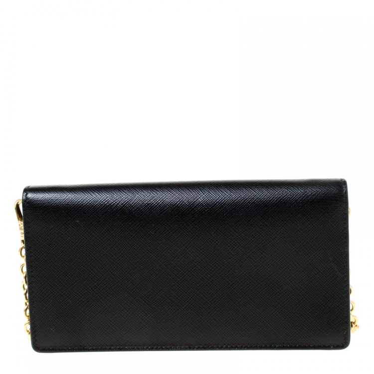 Pre Owned Prada Black Saffiano Lux Leather Metal Flap Wallet On Chain