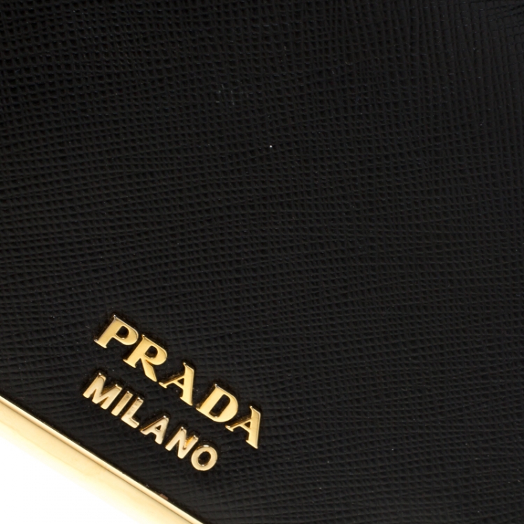 Pre Owned Prada Black Saffiano Lux Leather Metal Flap Wallet On Chain