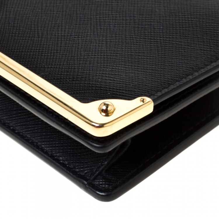 Pre Owned Prada Black Saffiano Lux Leather Metal Flap Wallet On Chain