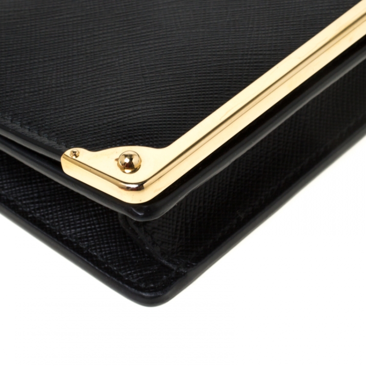 Pre Owned Prada Black Saffiano Lux Leather Metal Flap Wallet On Chain