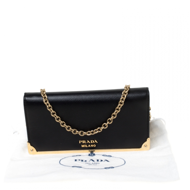 Pre Owned Prada Saffiano Metal Leather Full Metal Flap Bar Wallet on Chain