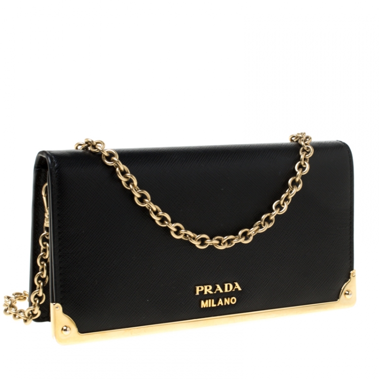 Pre Owned Prada Saffiano Metal Leather Full Metal Flap Bar Wallet on Chain