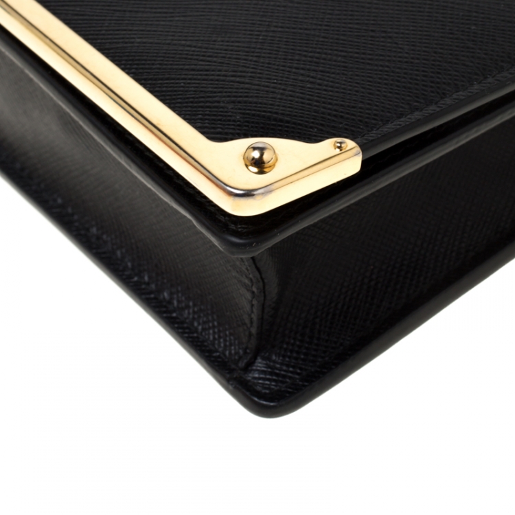 Pre Owned Prada Saffiano Metal Leather Full Metal Flap Bar Wallet on Chain