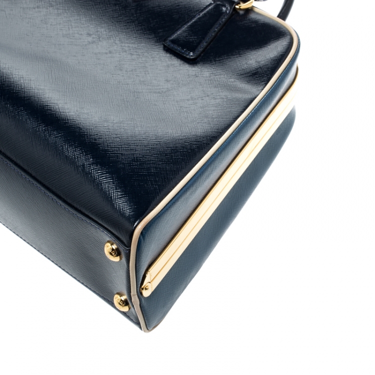 Pre Owned Prada Navy Blue Patent Leather Pyramid Frame Top Handle Bag
