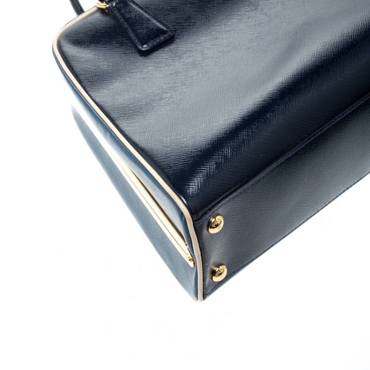 Pre Owned Prada Navy Blue Patent Leather Pyramid Frame Top Handle Bag