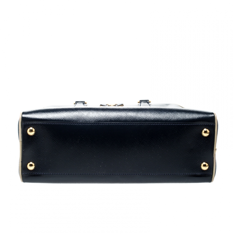Pre Owned Prada Navy Blue Patent Leather Pyramid Frame Top Handle Bag