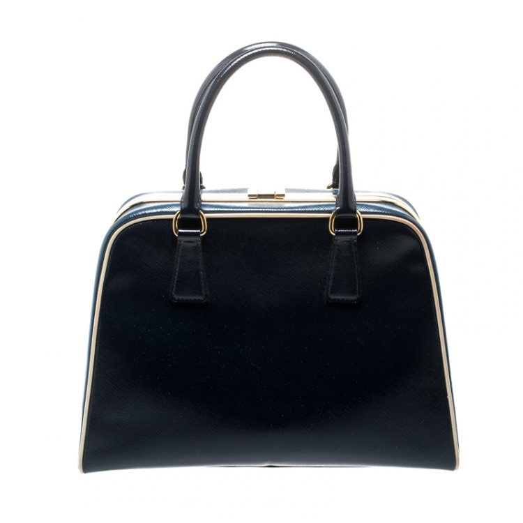 Pre Owned Prada Navy Blue Patent Leather Pyramid Frame Top Handle Bag