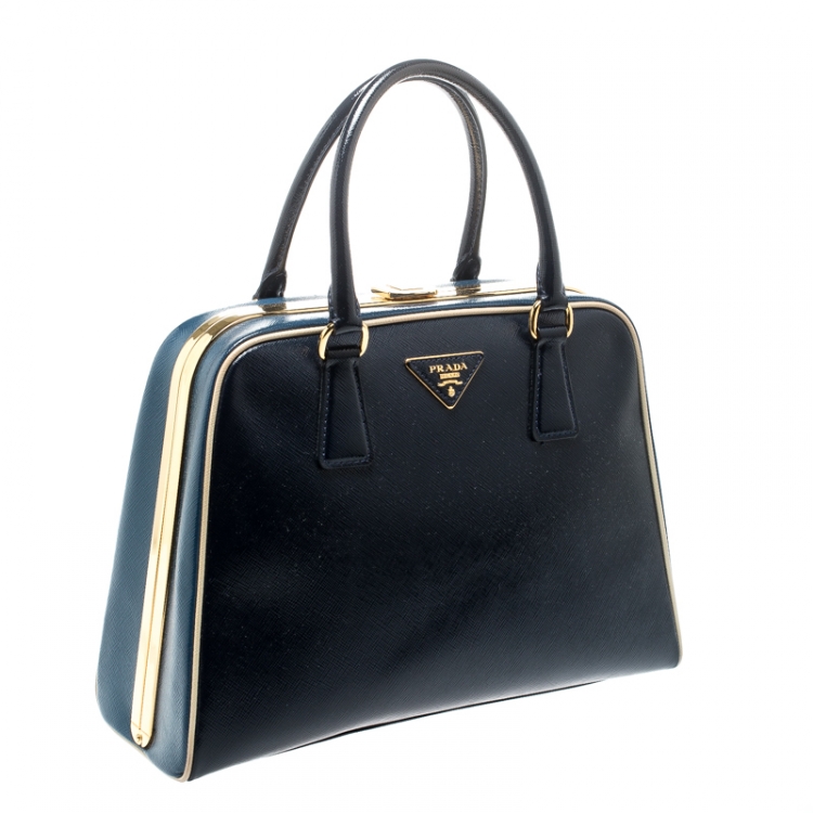 Pre Owned Prada Navy Blue Patent Leather Pyramid Frame Top Handle Bag