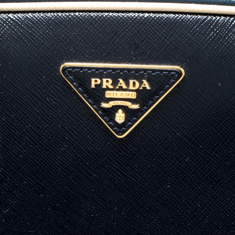 Pre Owned Prada Navy Blue Patent Leather Pyramid Frame Top Handle Bag