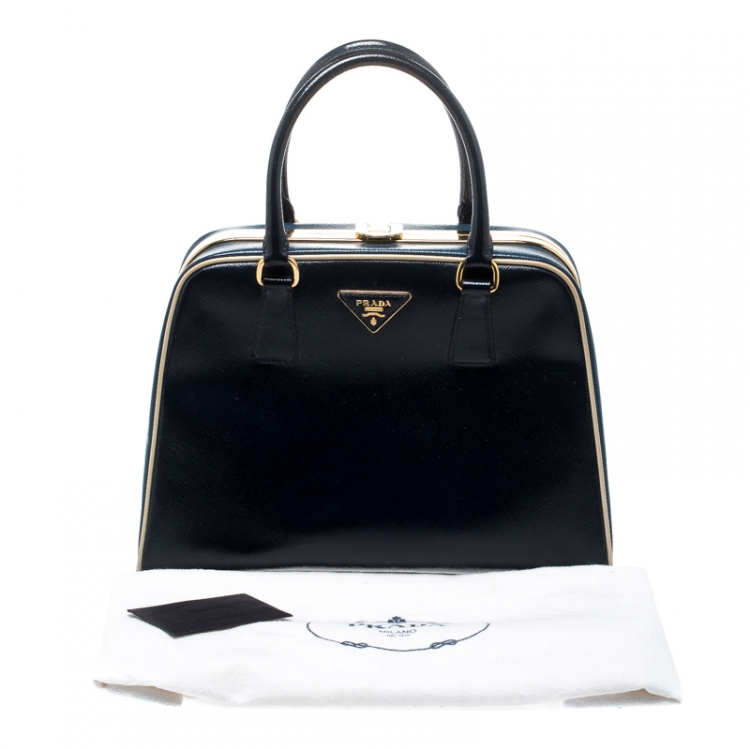 Pre Owned Prada Navy Blue Patent Leather Pyramid Frame Top Handle Bag