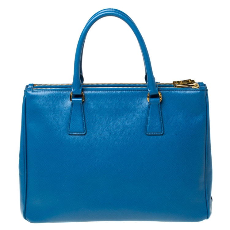 Pre Owned Prada Blue Saffiano Lux Leather Medium Double Zip Tote