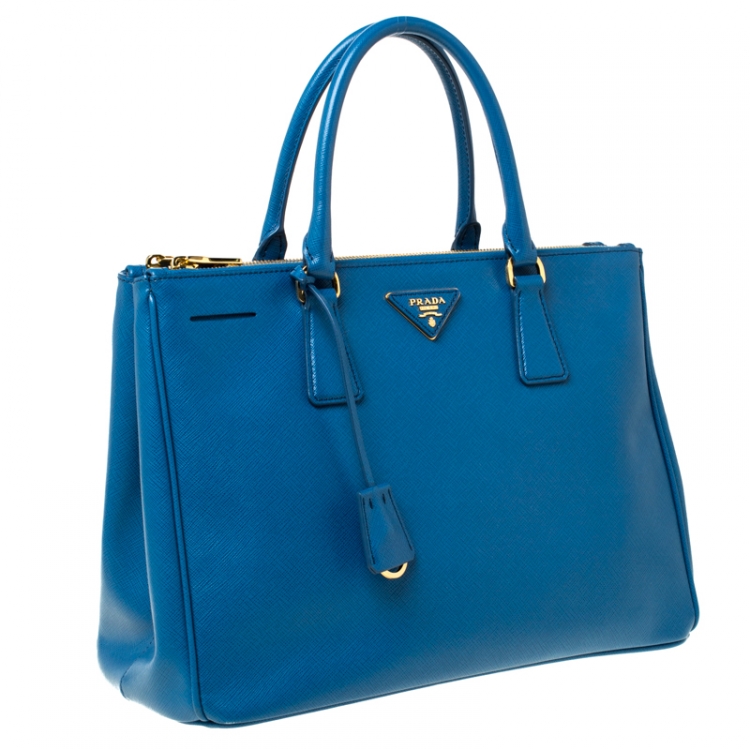 Pre Owned Prada Blue Saffiano Lux Leather Medium Double Zip Tote