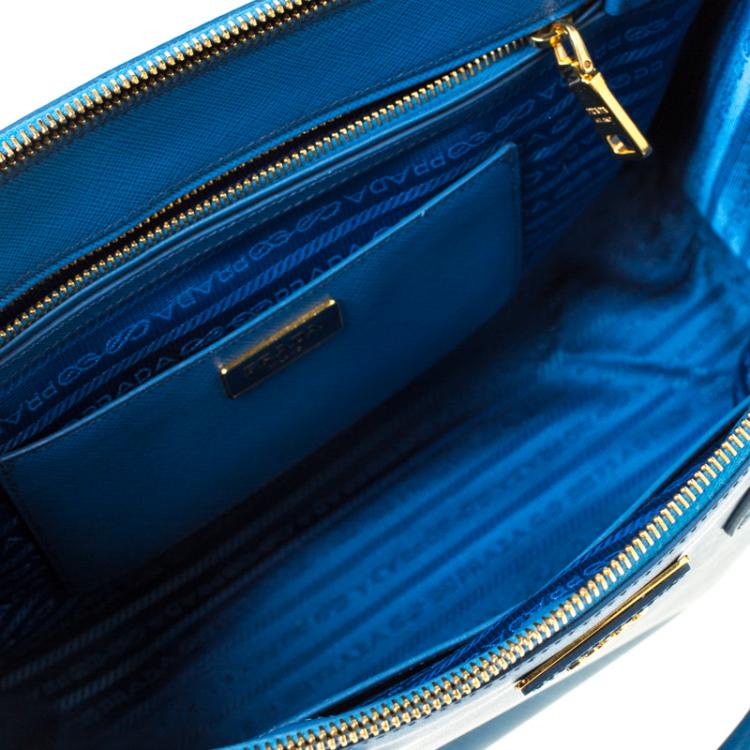 Pre Owned Prada Blue Saffiano Lux Leather Medium Double Zip Tote