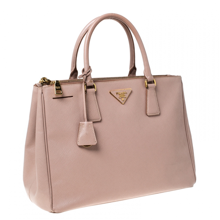 Pre Owned Prada Beige Saffiano Lux Leather Medium Double Zip Tote