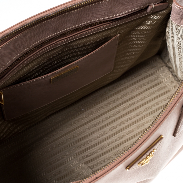 Pre Owned Prada Beige Saffiano Lux Leather Medium Double Zip Tote