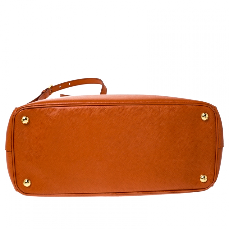 Pre Owned Prada Orange Saffiano Lux Leather Medium Double Zip Tote