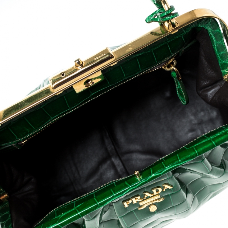 Pre Owned Prada Green Crocodile Frame Top Handle Bag