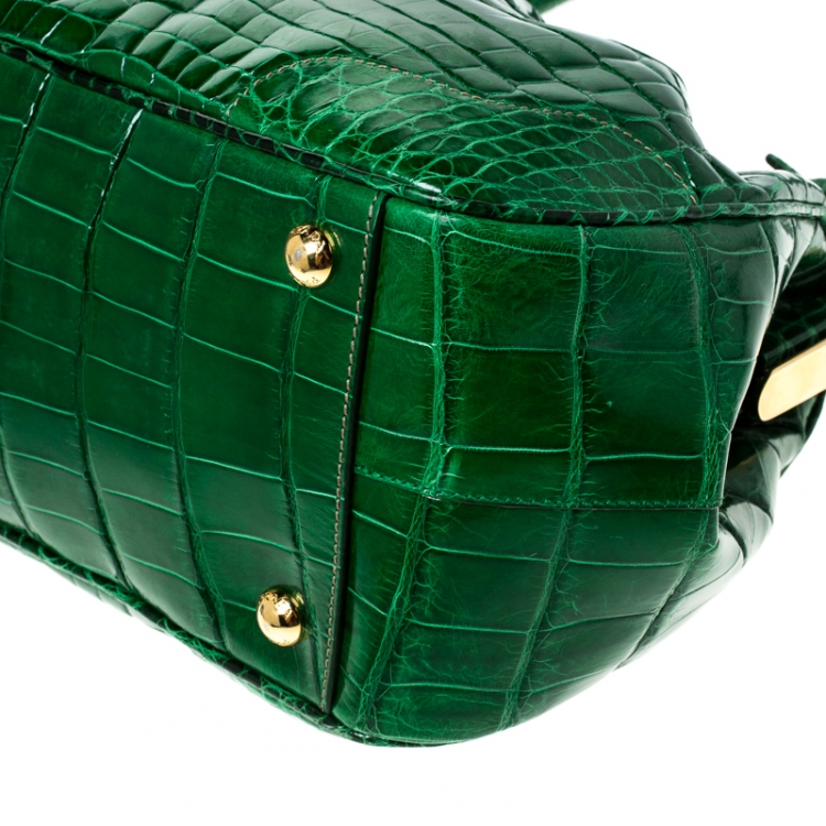 Pre Owned Prada Green Crocodile Frame Top Handle Bag