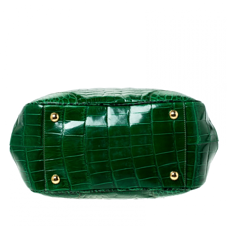 Pre Owned Prada Green Crocodile Frame Top Handle Bag