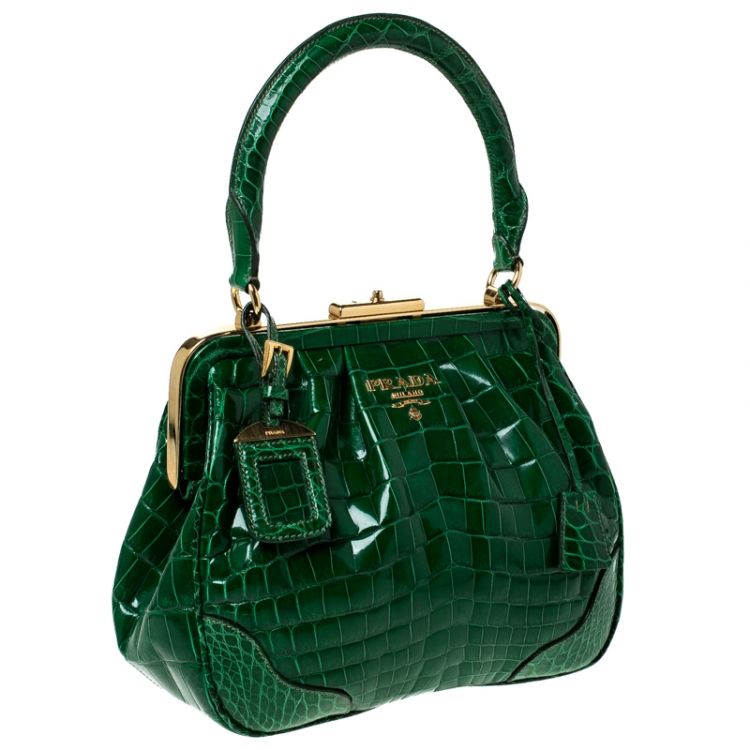 Pre Owned Prada Green Crocodile Frame Top Handle Bag