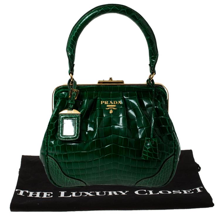 Pre Owned Prada Green Crocodile Frame Top Handle Bag
