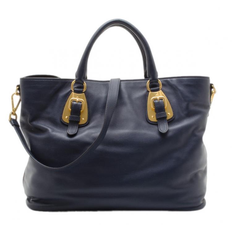 Pre Owned Prada Navy Baltico Soft Calf Leather Tote