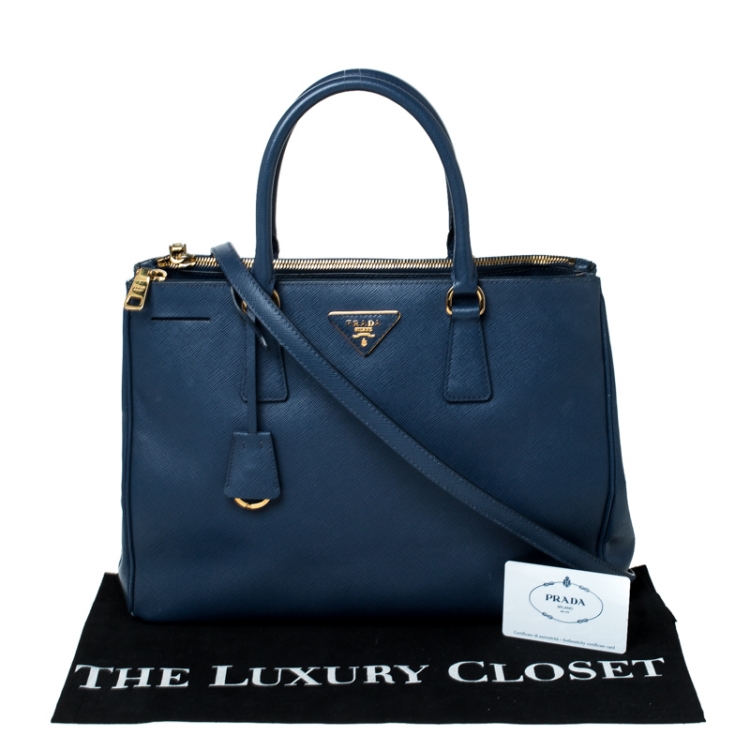 Pre Owned Prada Blue Saffiano Lux Leather Medium Double Zip Tote