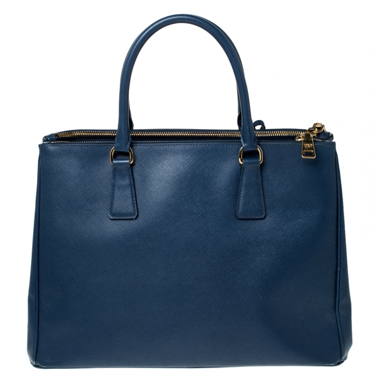 Pre Owned Prada Blue Saffiano Lux Leather Medium Double Zip Tote