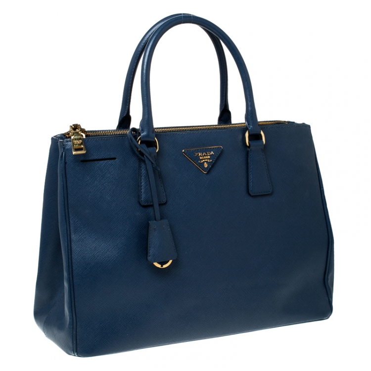 Pre Owned Prada Blue Saffiano Lux Leather Medium Double Zip Tote