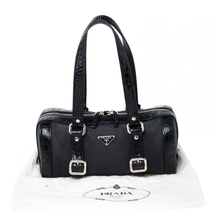 مملوكة مسبقًا Prada Black Canvas and Crocodile Leather Satchel 