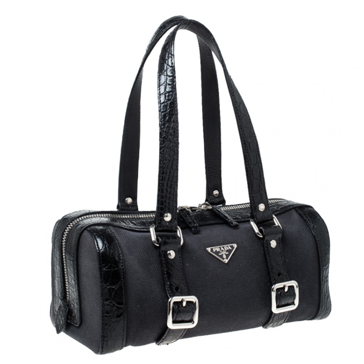 مملوكة مسبقًا Prada Black Canvas and Crocodile Leather Satchel 