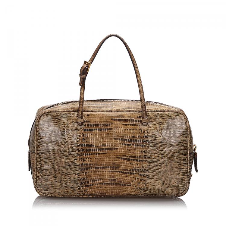 Pre Owned Prada Brown Crocodile Embossed Leather Top Handle Bag