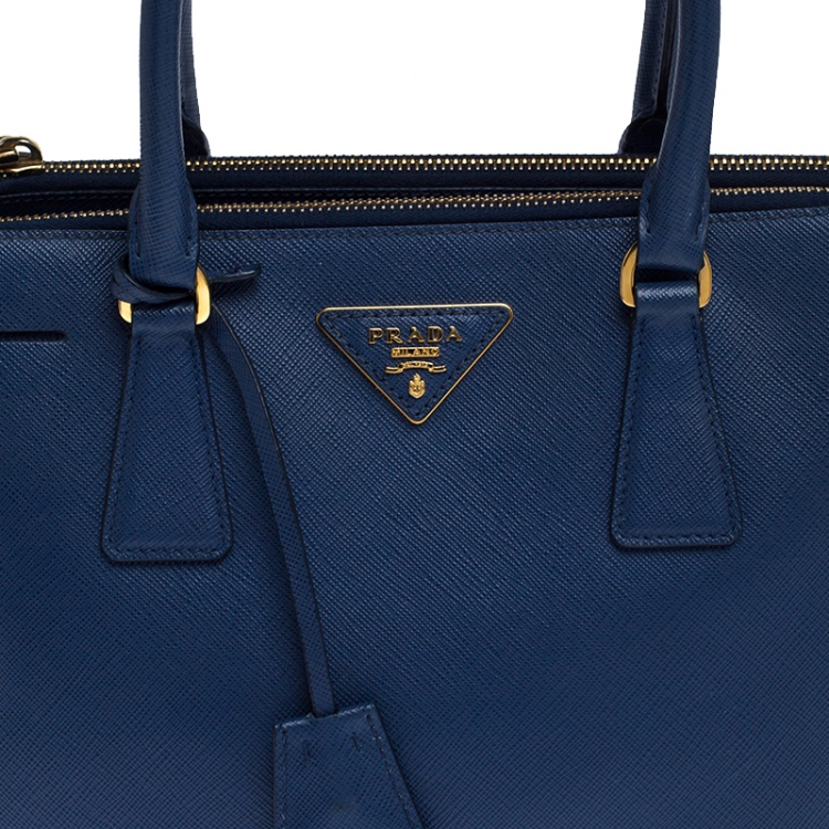 Pre Owned Prada Blue Saffiano Lux Leather Small Double Zip Tote
