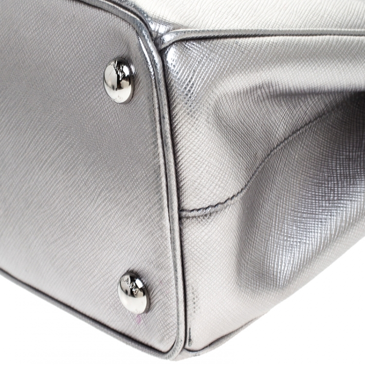 Pre Owned Prada Silver Saffiano Lux Leather Mini Double Zip Tote