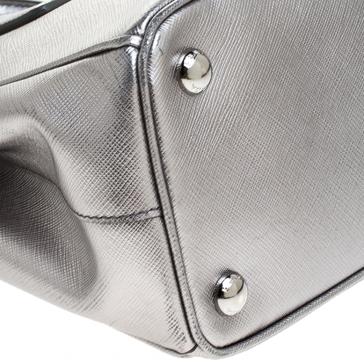 Pre Owned Prada Silver Saffiano Lux Leather Mini Double Zip Tote
