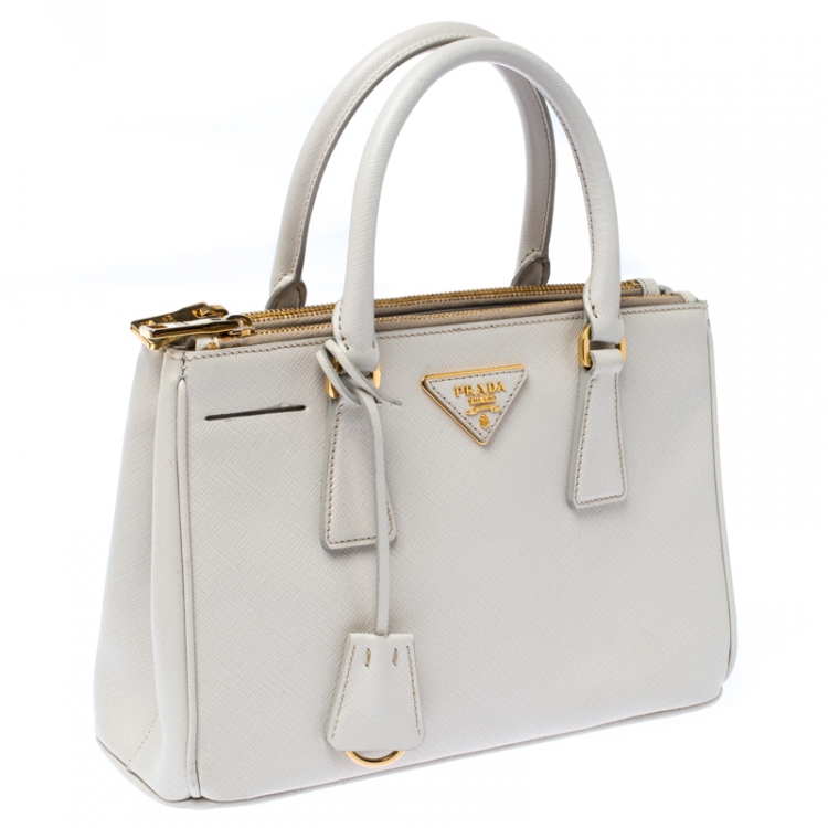 Pre Owned Prada White Saffiano Lux Leather Mini Galleria Double Zip Tote