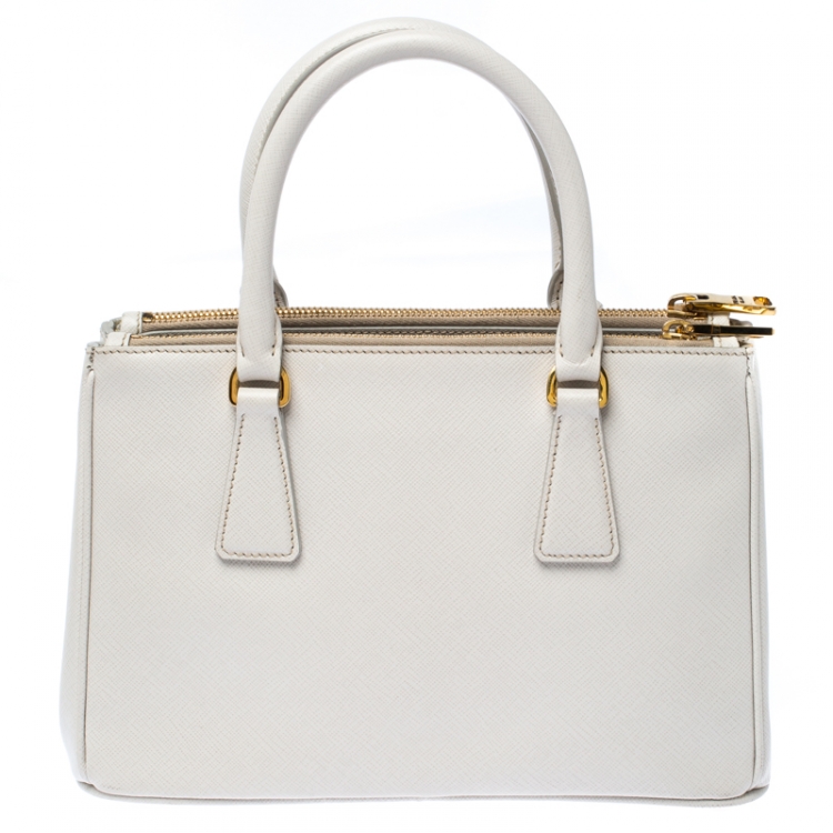 Pre Owned Prada White Saffiano Lux Leather Mini Galleria Double Zip Tote