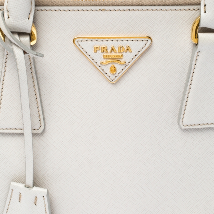 Pre Owned Prada White Saffiano Lux Leather Mini Galleria Double Zip Tote
