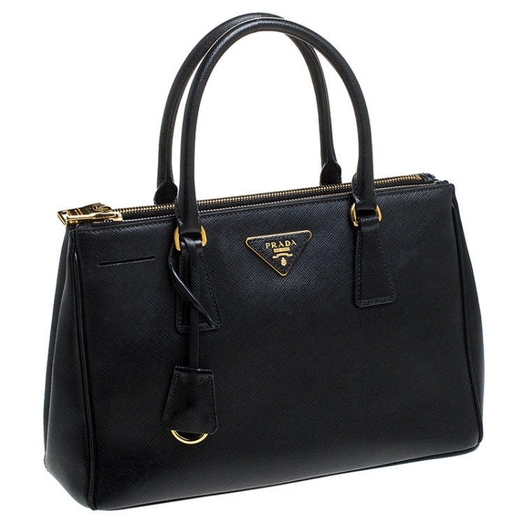Pre Owned Prada Black Saffiano Lux Leather Small Double Zip Tote