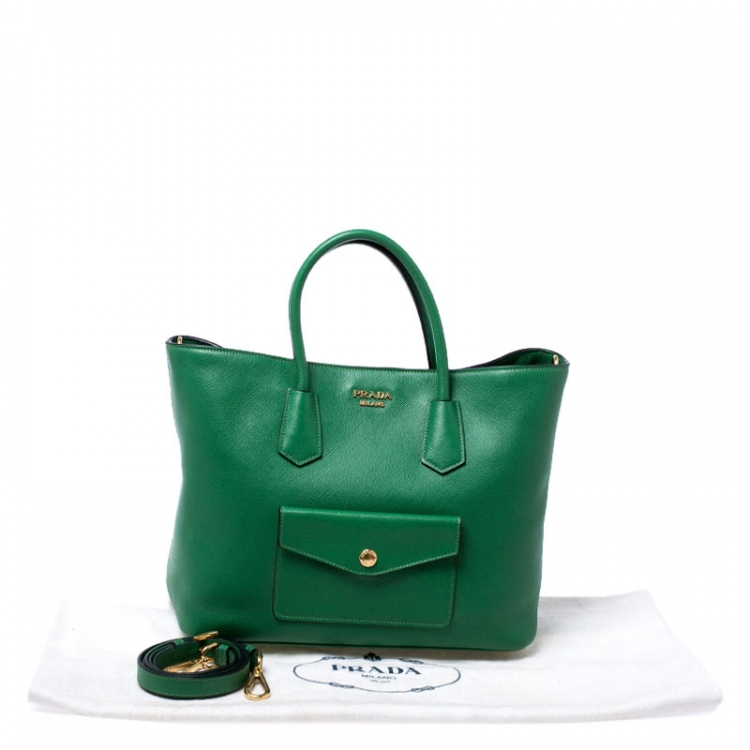 Pre Owned Prada Green Saffiano Cuir Leather Convertible Tote