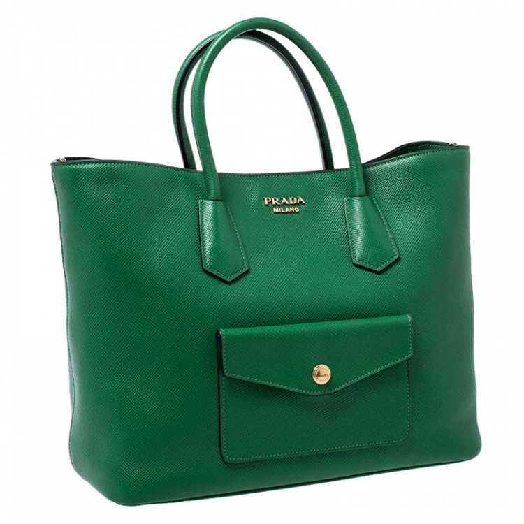 Pre Owned Prada Green Saffiano Cuir Leather Convertible Tote