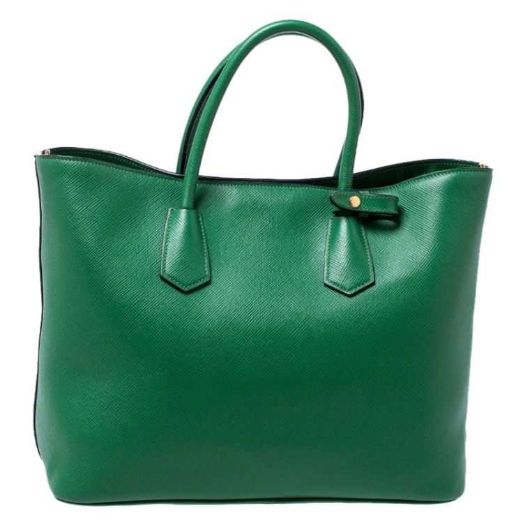 Pre Owned Prada Green Saffiano Cuir Leather Convertible Tote