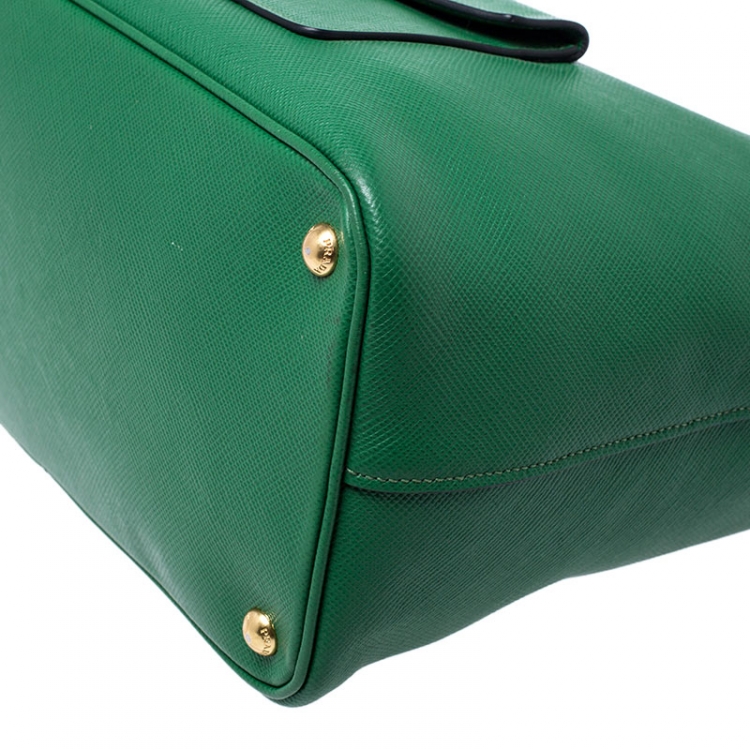 Pre Owned Prada Green Saffiano Cuir Leather Convertible Tote
