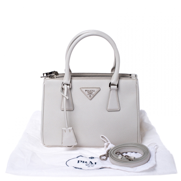 Pre Owned Prada White Saffiano Lux Leather Mini Double Zip Tote