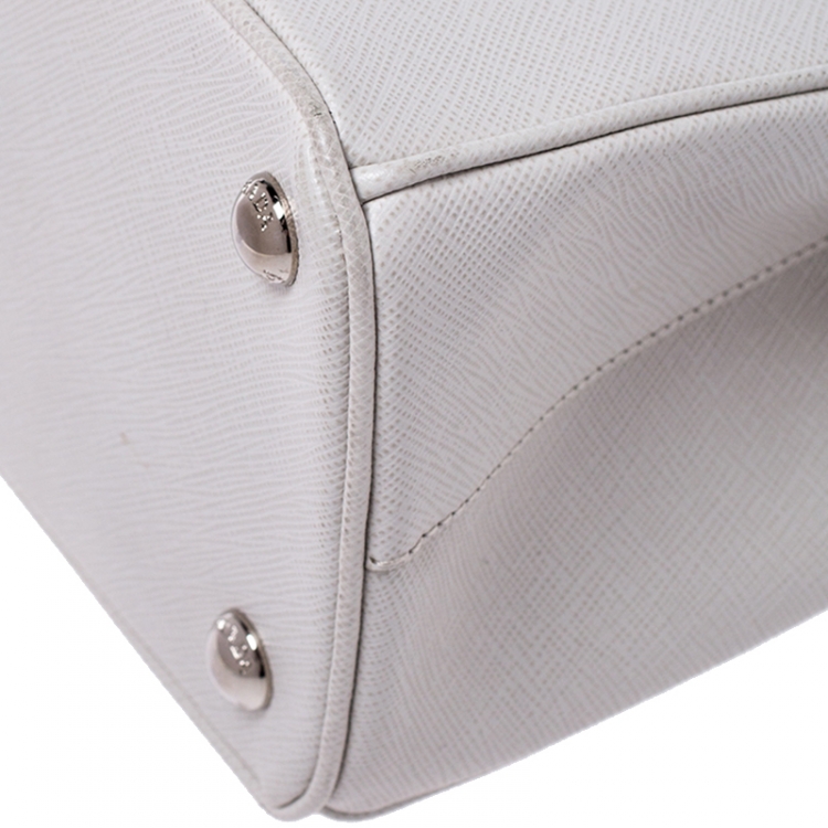 Pre Owned Prada White Saffiano Lux Leather Mini Double Zip Tote