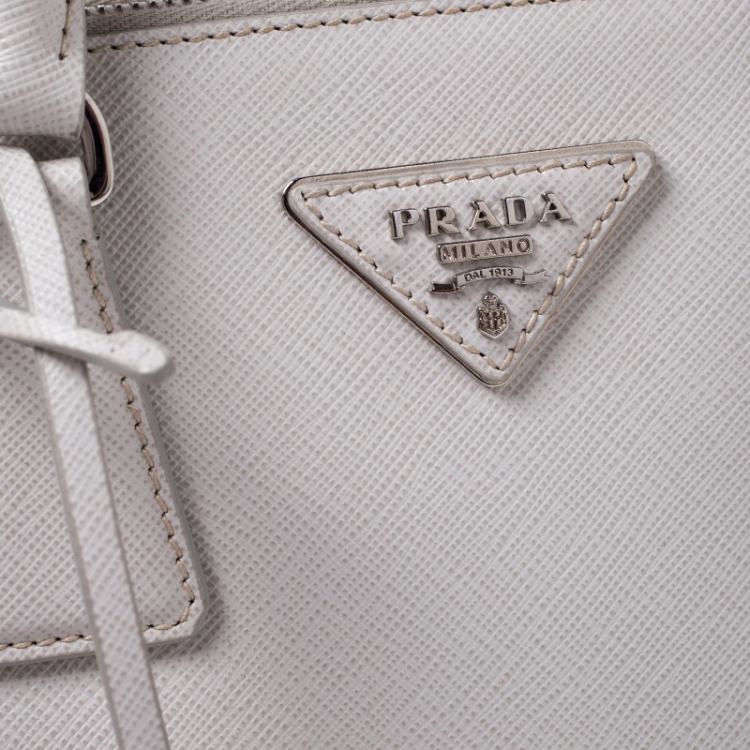Pre Owned Prada White Saffiano Lux Leather Mini Double Zip Tote